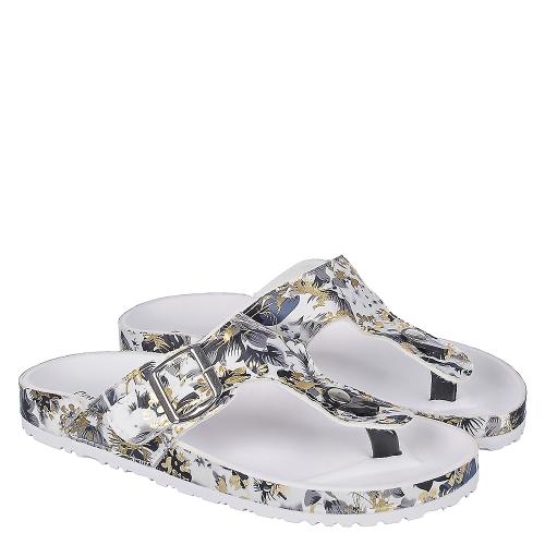 AIXA-JH-1 Thong Sandal Black Floral/Gold/White