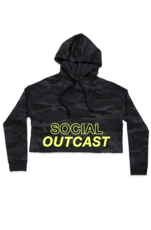 Social Outcast Crop Hoodie in Camo and Yellow