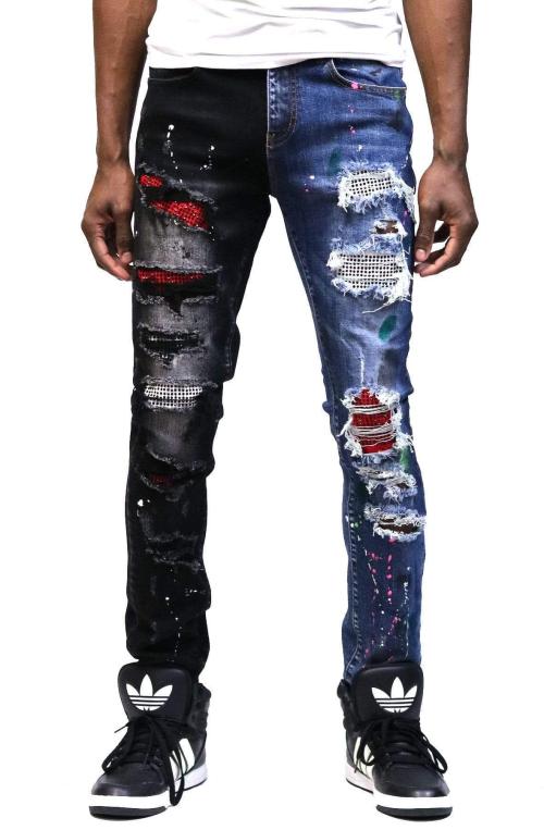 Aspen Men's heavy washed half and half two tone washing stretchable skinny denim pants with rhinestone details.