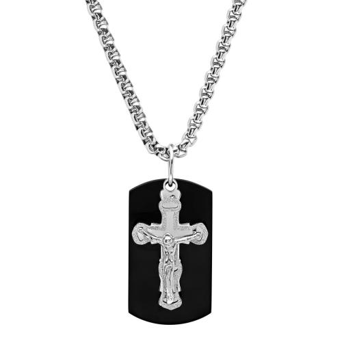 Stainless Steel Sandblast Crucifix And Black Ip Dog Tag Pendant Necklace