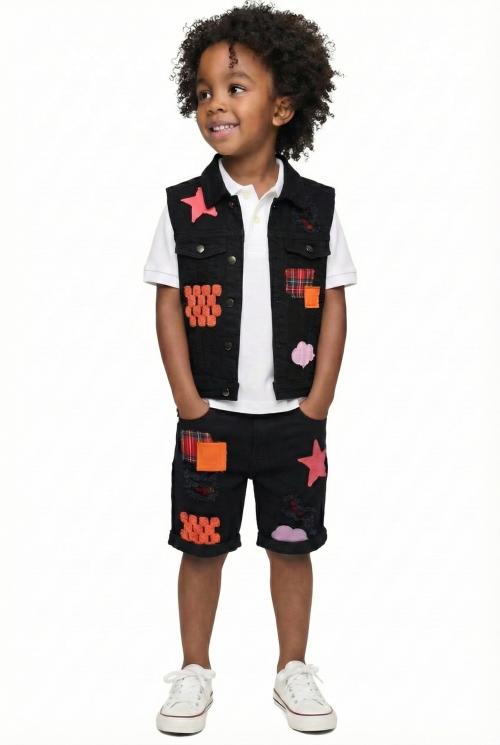 Daphine Kid's Premium Washed Denim Vest Jacket & Short Pants Set