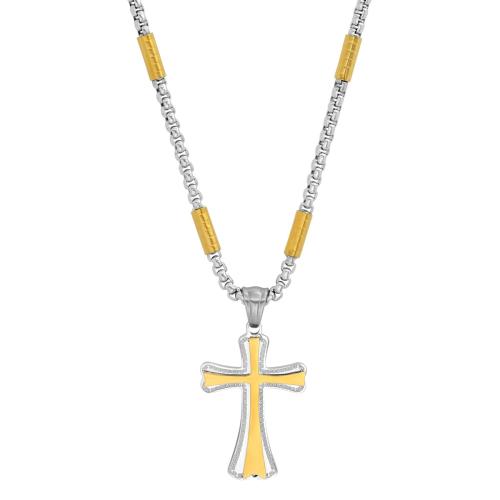 Two Tone Stainless Steel And 18K Gold Plated Tube Link Cross Pendant