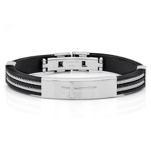 Rubber Bracelet With Cable Wire And Cross Design